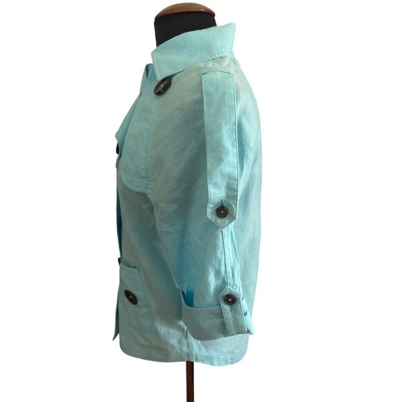 Chico's Blue Linen Button-Up Short Sleeve Jacket With Pockets, Size 0 (Small) - Picture 2 of 8